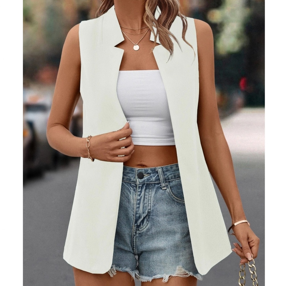Classic Open Front Collarless Blazer Vest - Picture 6 of 7